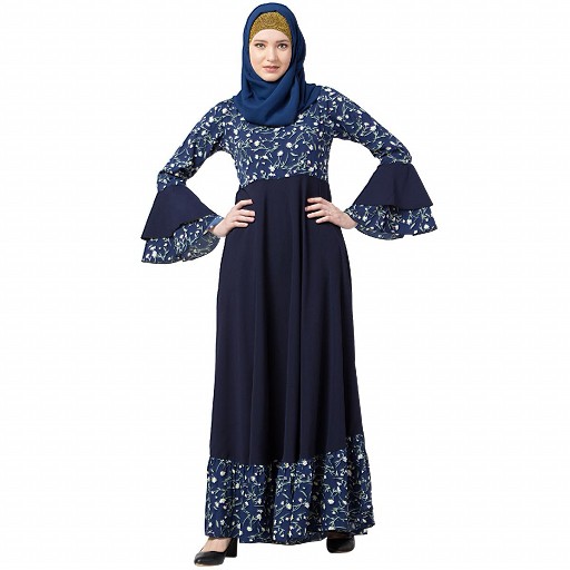 Printed Frilled abaya- Navy Blue